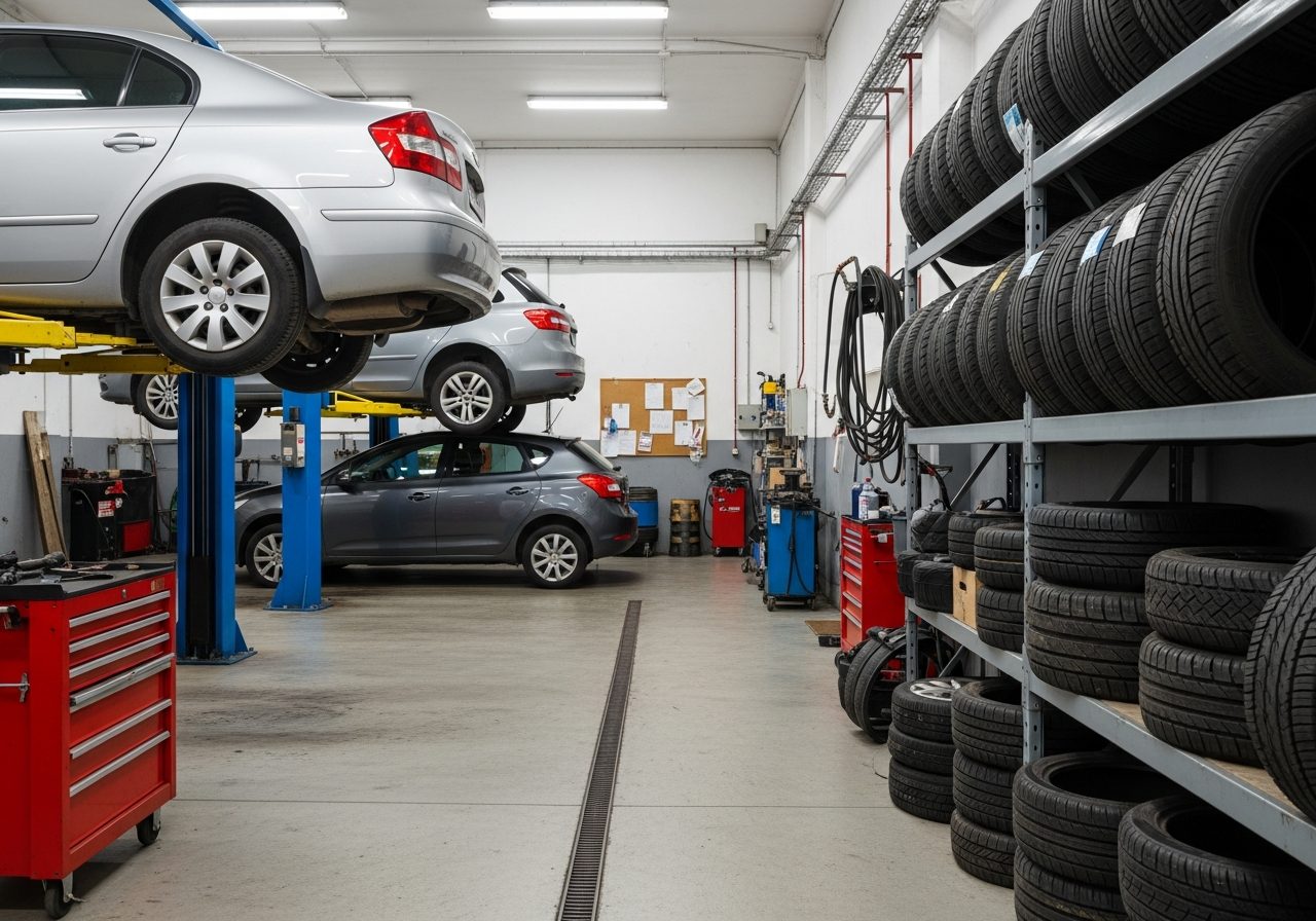 Pittsburgh Tire Shop garage interior — three vehicles on lifts, mechanic working