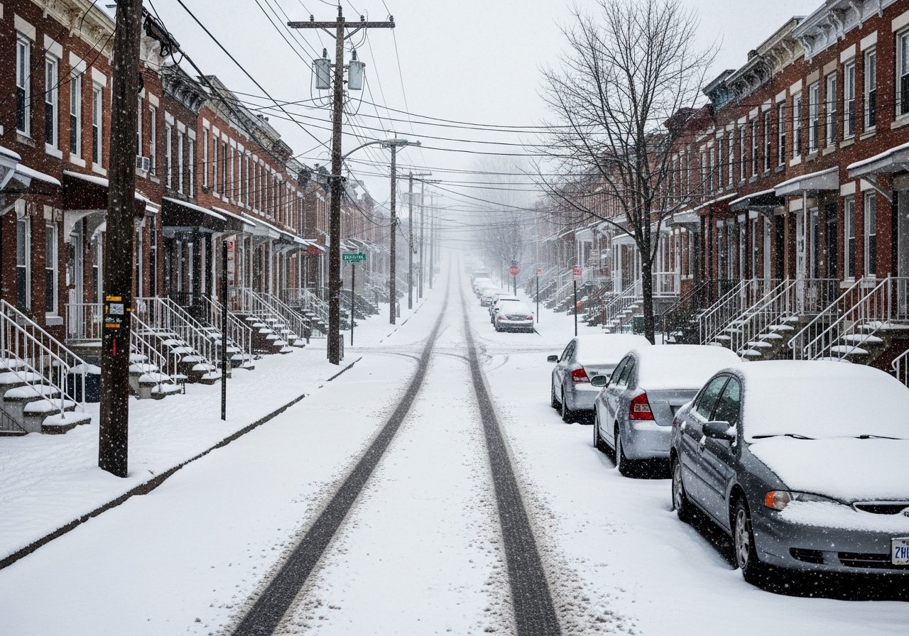 Snowfall on Pittsburgh row houses